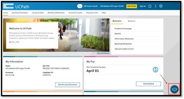 UCPath screen with arrow pointing to PathPal icon in bottom right corner.
