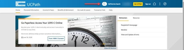 UCPath homepage displaying the Self-Service Search field in the upper-right corner of the navigation bar, highlighted with a red arrow.