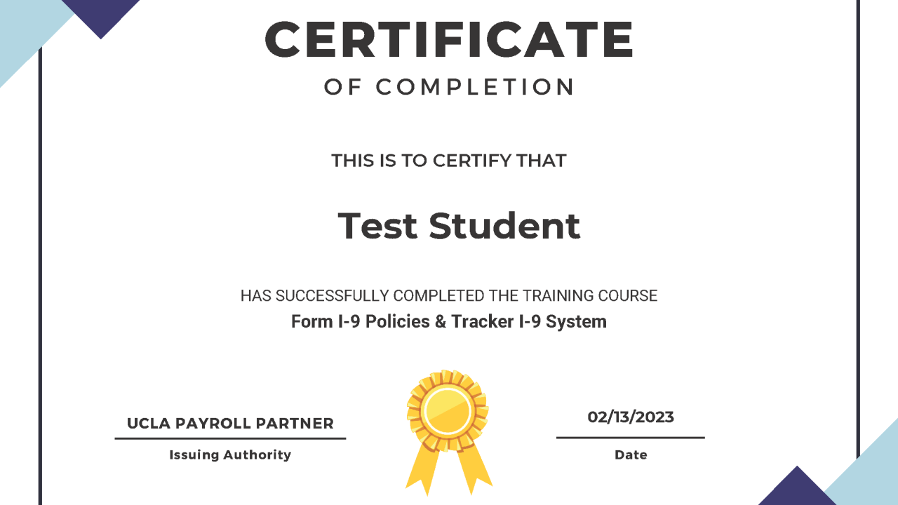 Tracker I-9 Training Completion Certificate