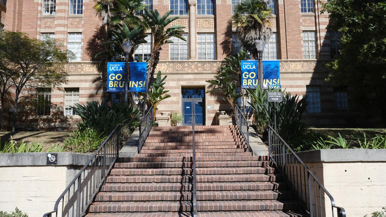 A stairway leading to the front doors of Moore Hall. Palm trees line the part of the staircase closest of the entrance.