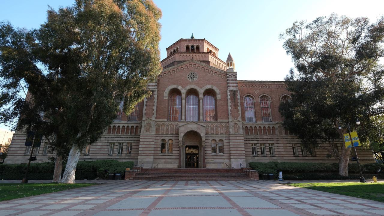 Looking up at Powell Library.