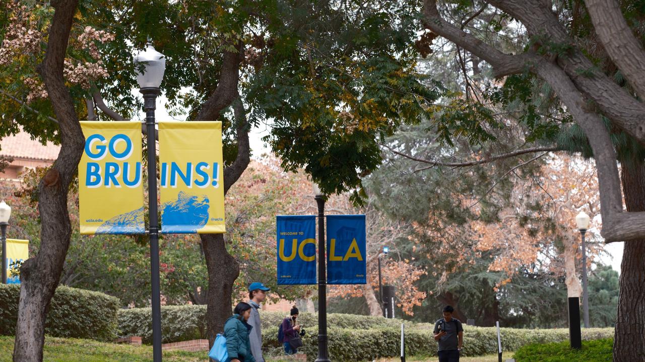 Students walk down a tree-lined path with “Go Bruins!” and “UCLA” flags attached to lampposts surrounding them. 