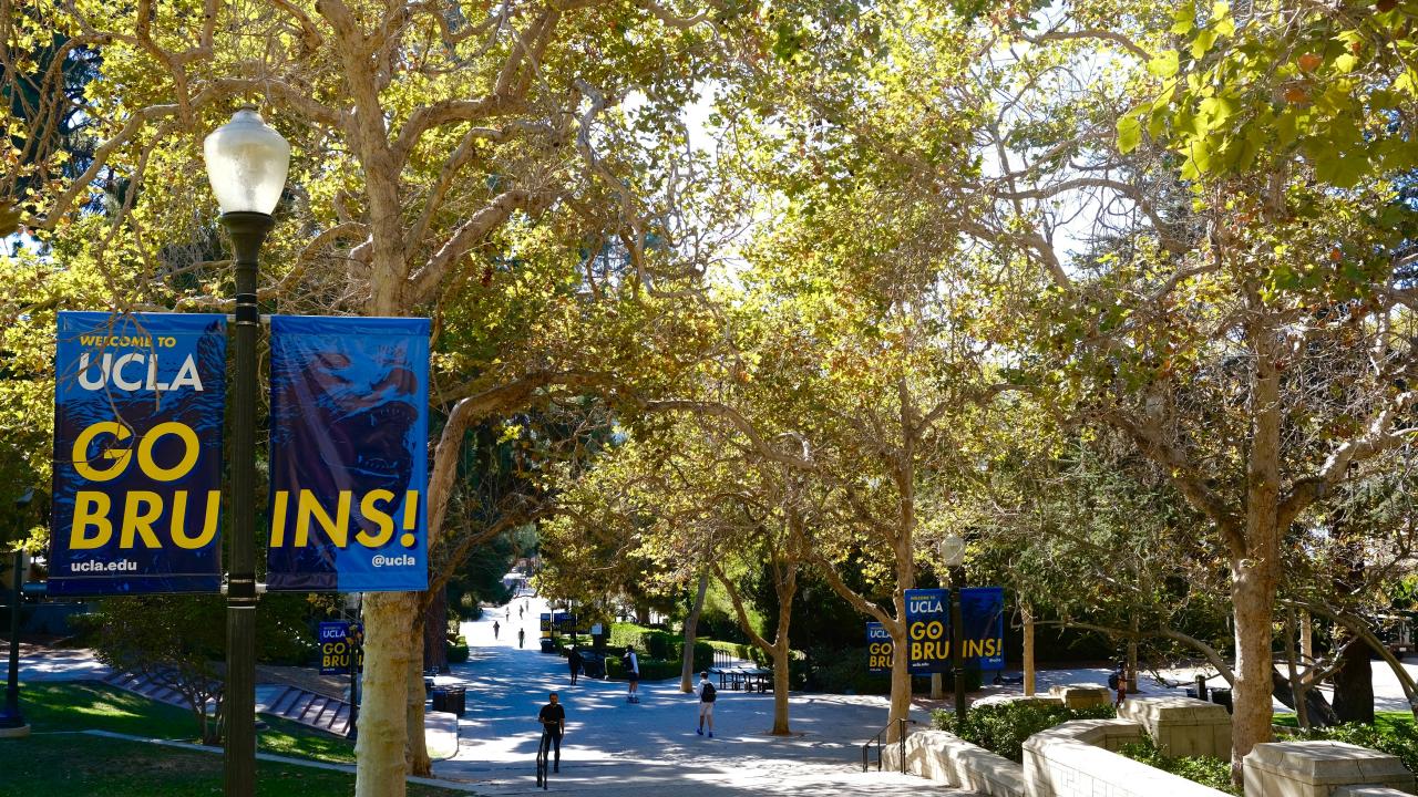 Looking down the tree-lined, people-dotted Bruin Walk. A lamppost banner reads “Welcome to UCLA: Go Bruins!”