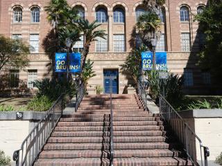 A stairway leading to the front doors of Moore Hall. Palm trees line the part of the staircase closest of the entrance.
