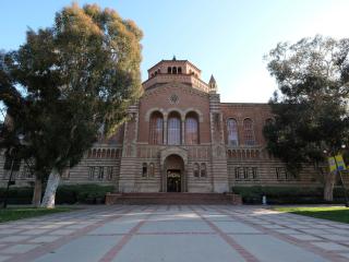 Looking up at Powell Library.